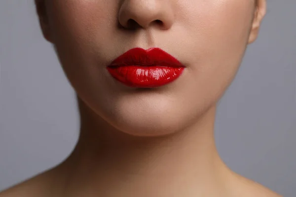 Closeup View Woman Beautiful Full Lips Grey Background — Stock Photo, Image
