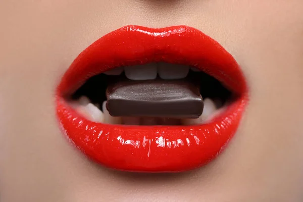 Young Woman Beautiful Lips Eating Chocolate Closeup — Stock Photo, Image