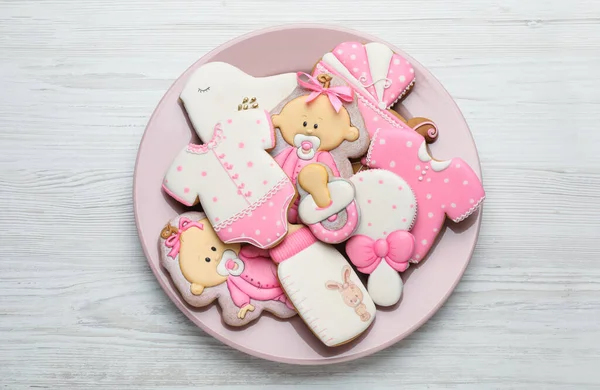 Cute Tasty Cookies Different Shapes White Wooden Table Top View — Stock Photo, Image