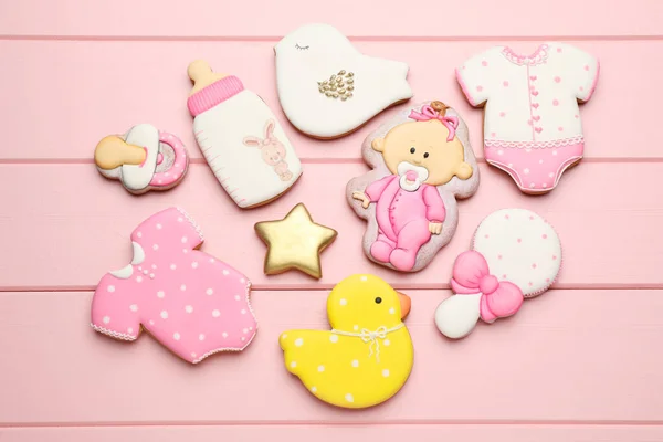 Set Baby Shower Cookies Pink Wooden Table Flat Lay — Stock Photo, Image