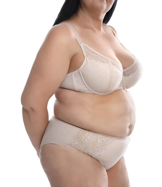 Mujer Con Sobrepeso Ropa Interior Beige Sobre Fondo Blanco Primer —  Fotos de Stock