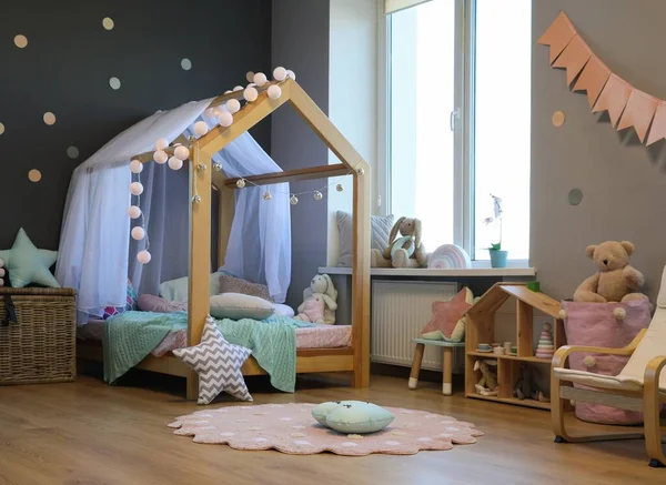 Stylish Child Room Interior House Bed Different Toys — Stock Photo, Image