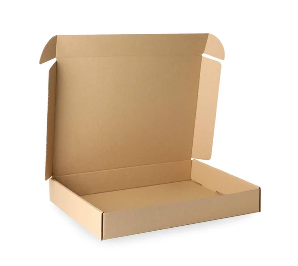 Άδειο Ανοιχτό Κουτί Από Χαρτόνι Που Απομονώνονται Λευκό — Φωτογραφία Αρχείου
