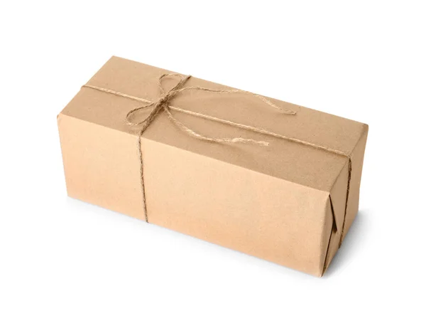 Parcel Wrapped Kraft Paper Twine Isolated White — Stock Photo, Image