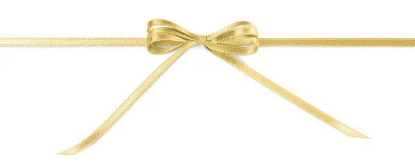 Golden Satin Ribbon Bow White Background Top View — Fotografia de Stock
