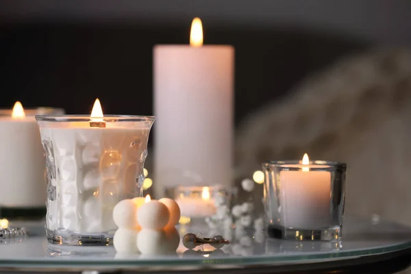 Burning Candles Jewelry Table Indoors — Stock Photo, Image