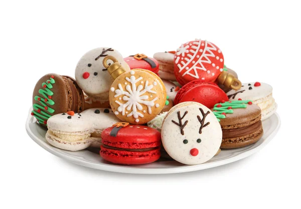 Krásně Zdobené Vánoční Macarons Bílém Pozadí — Stock fotografie