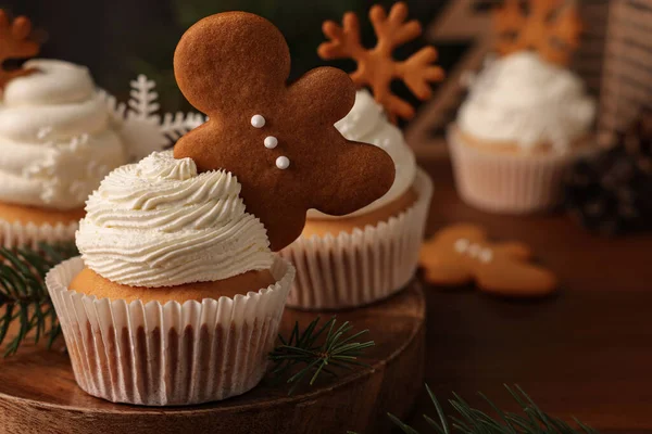 Tasty Christmas Cupcake Gingerbread Man Fir Branches Wooden Board Space — Stock Photo, Image