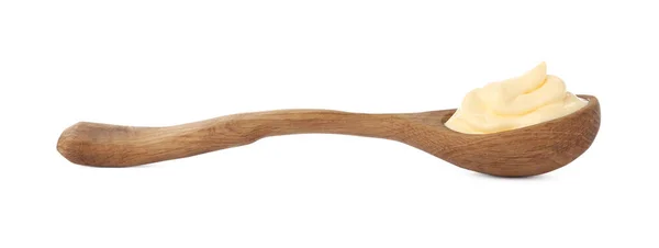 Holzlöffel Mit Schmackhafter Mayonnaise Isoliert Auf Weiß — Stockfoto
