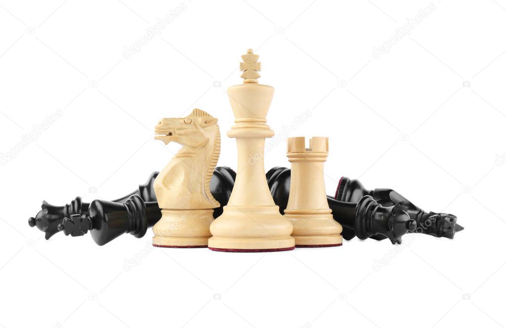 Many different chess pieces on white background