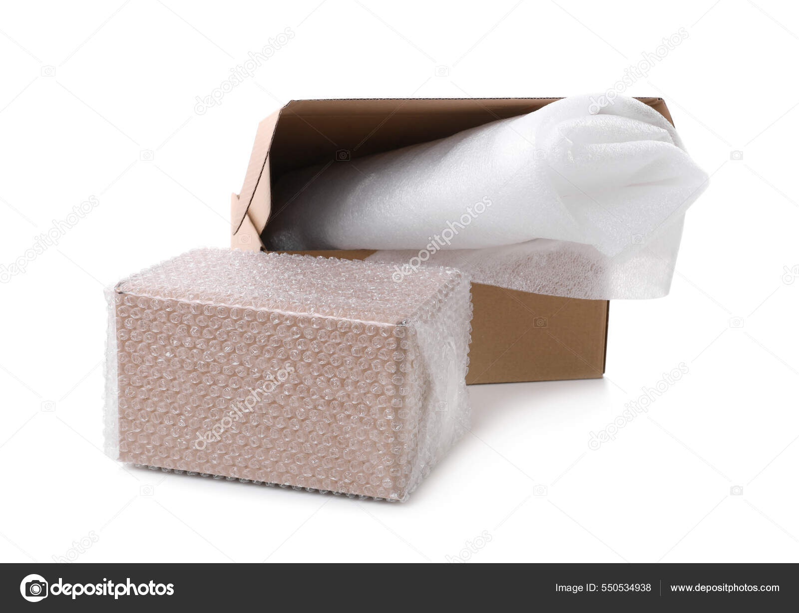 Cardboard Boxes Bubble Wrap Packaging Foam White Background Stock