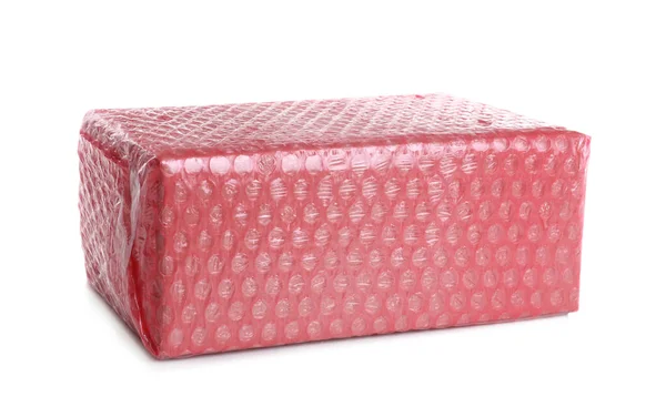 Картонная Коробка Упакована Красную Пленку Изолированную Белом — стоковое фото