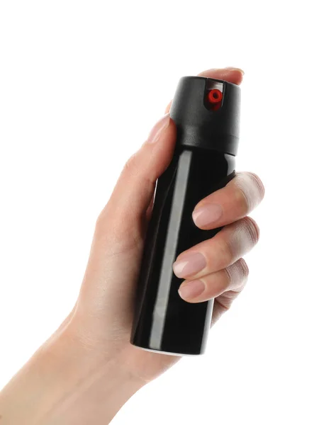 Woman Bottle Gas Pepper Spray White Background — Stock Photo, Image