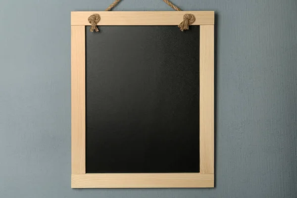 Clean Small Black Chalkboard Hanging Grey Wall — Stock Photo, Image