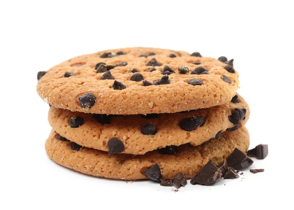 Stapel Lekkere Chocolade Chip Cookies Witte Achtergrond — Stockfoto