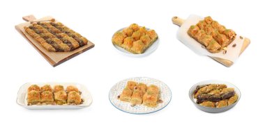 Beyaz arka planda tatlı baklava ile ayarlanmış. Pankart tasarımı