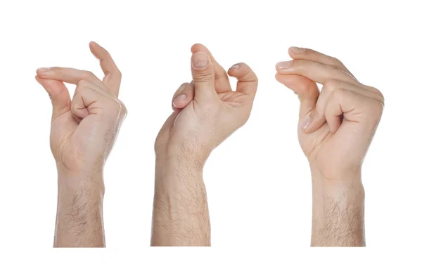 Коллаж Фотографиями Мужчин Щелкая Пальцами Белом Фоне Крупным Планом — стоковое фото