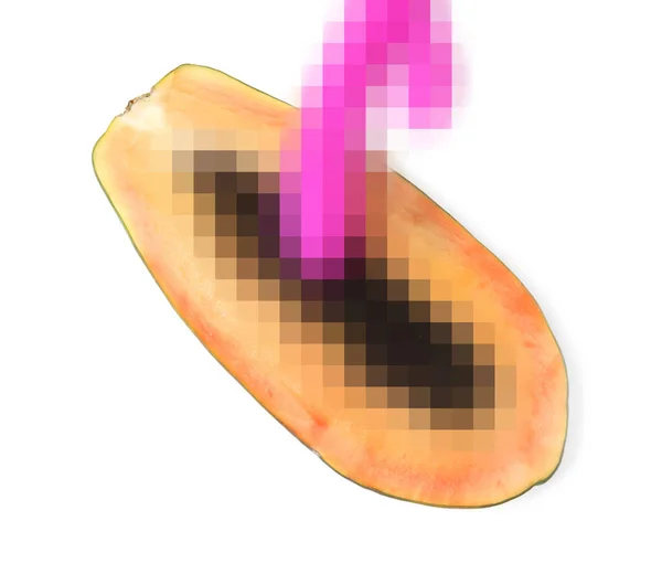 Helft Van Papaya Vibrator Witte Achtergrond Bovenaanzicht Seksconcept — Stockfoto