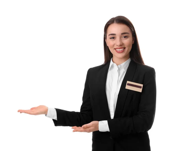 Portret Van Gelukkige Jonge Receptioniste Uniform Witte Achtergrond — Stockfoto