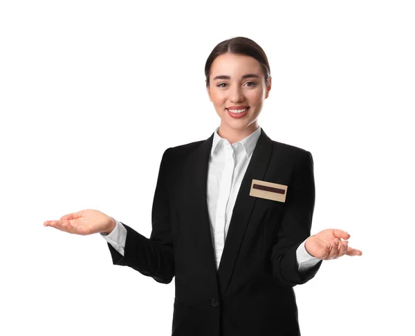 Portret Van Gelukkige Jonge Receptioniste Uniform Witte Achtergrond — Stockfoto