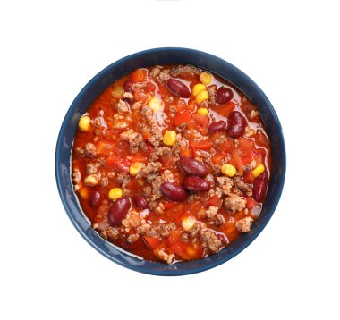 Lezzetli chili con carne beyaz arka planda, üstten görünüm ile kase