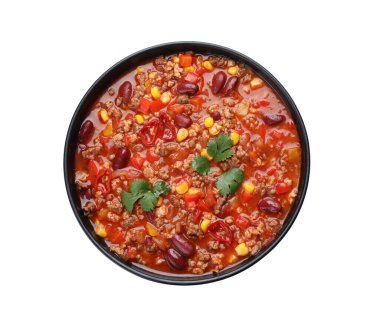 Lezzetli chili con carne beyaz arka planda, üstten görünüm ile kase