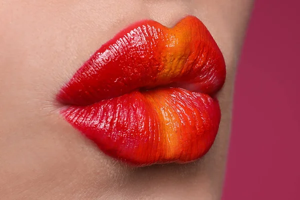 Young Woman Beautiful Lips Makeup Pink Background Closeup — Stock Photo, Image