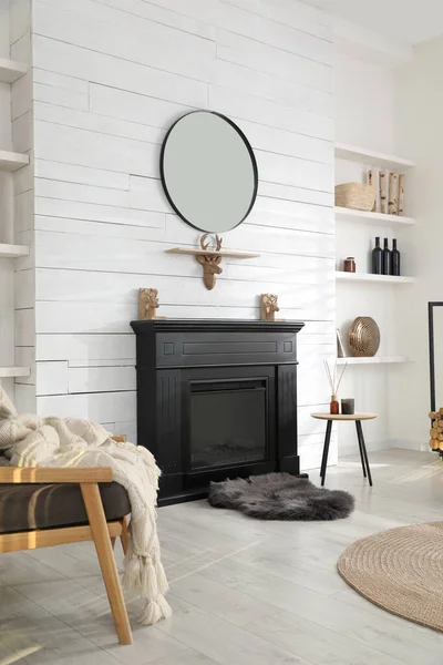 Cozy Living Room Interior Modern Electric Fireplace — Stock Photo, Image