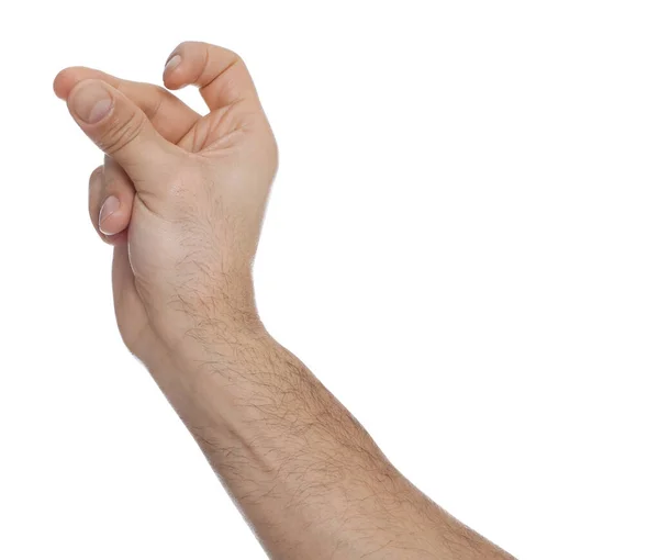 Mann Knipst Finger Auf Weißem Hintergrund Nahaufnahme Der Hand — Stockfoto