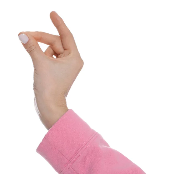 Frau Knipst Finger Auf Weißem Hintergrund Nahaufnahme Der Hand — Stockfoto