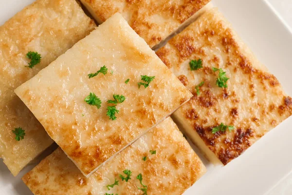 Delicious Turnip Cake Parsley Plate Top View — Stock Photo, Image