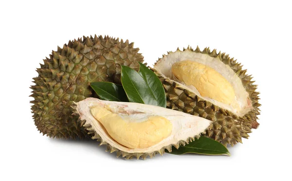 Fresh Ripe Durians Green Leaves White Background Tropical Fruit — Stock Photo, Image