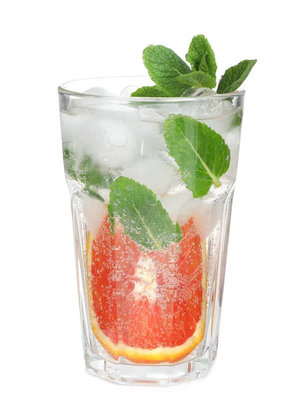 Delicious Refreshing Drink Sicilian Orange Fresh Mint Ice Cubes Glass — Stock Photo, Image