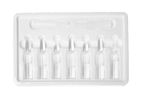 Glasampullen Mit Pharmazeutischem Produkt Tablett Auf Weißem Hintergrund — Stockfoto