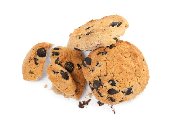 Smaklig Choklad Chip Cookies Vit Bakgrund Ovanifrån — Stockfoto