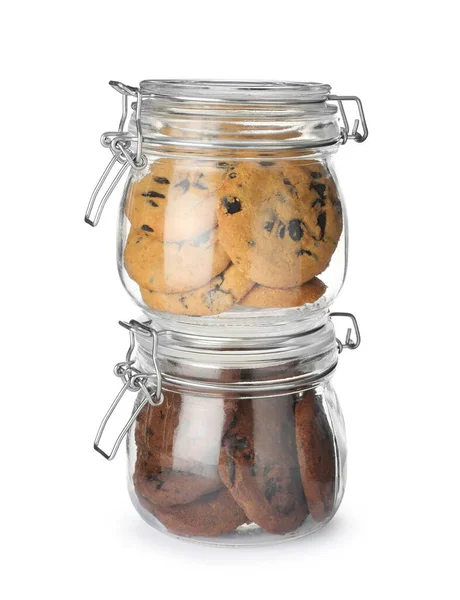 Jars Chocolate Chip Cookies White Background — Stock Photo, Image