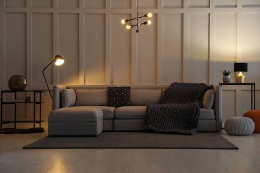 Rahat mobilyaları olan şık bir oturma odası.