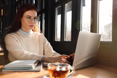 Laptop 'u olan genç bir kız öğrenci kafede ders çalışıyor.