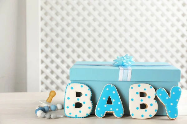 Word Baby Készült Ízletes Cookie Kat Ajándék Doboz Cumi Fehér — Stock Fotó