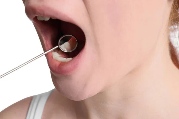 Examining Young Woman Teeth Gums Mirror White Background Closeup — Stock Photo, Image