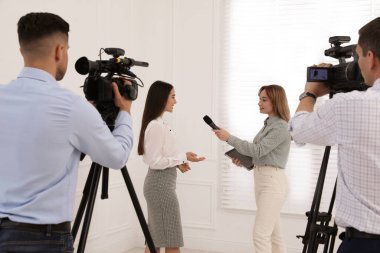 Profesyonel gazeteci genç iş kadını ve kameramanlarla röportaj yapıyor.