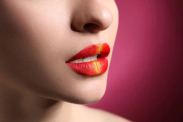 Young Woman Beautiful Lips Makeup Pink Background Closeup Space Text — Stock Photo, Image