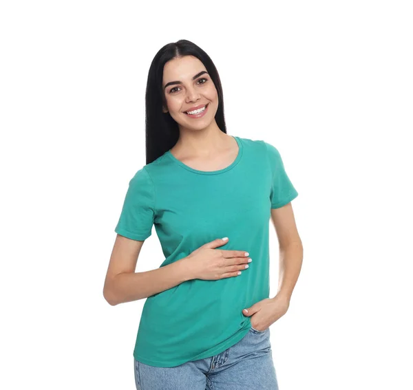 Mulher Saudável Feliz Tocando Sua Barriga Fundo Branco — Fotografia de Stock