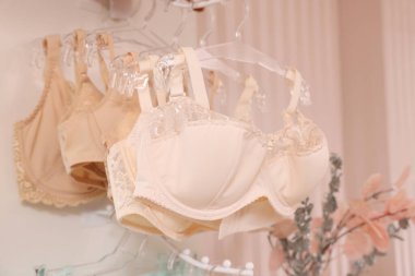 İç çamaşırı mağazasında askılı kadın iç çamaşırı.