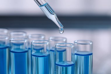 Bulanık arkaplanda test tüpüne reaktör damlatılıyor, yakın plan. Laboratuvar analizi