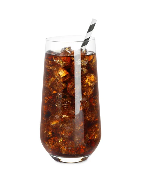 Glas Uppfriskande Läsk Dryck Med Isbitar Isolerade Vitt — Stockfoto