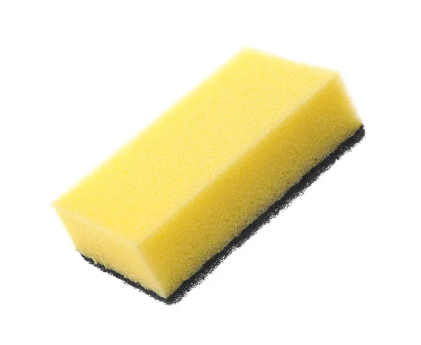 Желтая Чистящая Губка Абразивным Черным Моющим Средством Изолированным Белом — стоковое фото