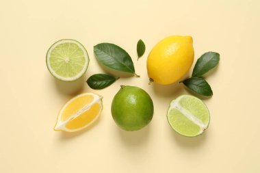Taze limonlar, limonlar ve yeşil yapraklar bej arka planda, düz uzanmış