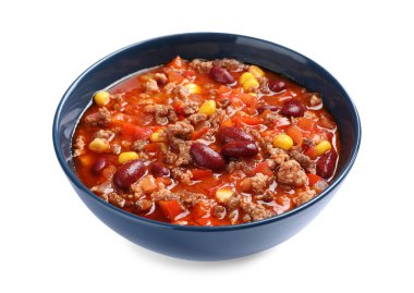 Lezzetli chili con carne beyaz arka plan üzerinde ile kase