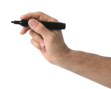 Beyaz arkaplanda siyah işaret tutan adam, yakın plan